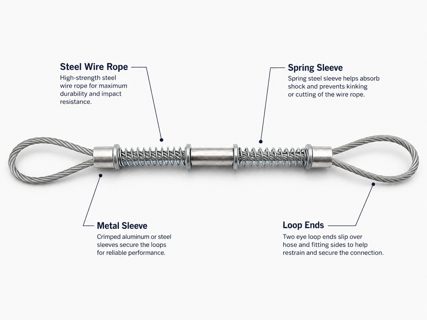 Oilfield hose safety cable structure with steel wire rope sleeve and loop ends Oilfield hose safety cable structure with steel wire rope sleeve and loop ends